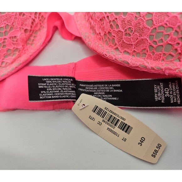 VICTORIA’S SECRET VERY SEXY PUSH UP PIGEONNANT NEON PINK LACE 34D NWT - Picture 5 of 7